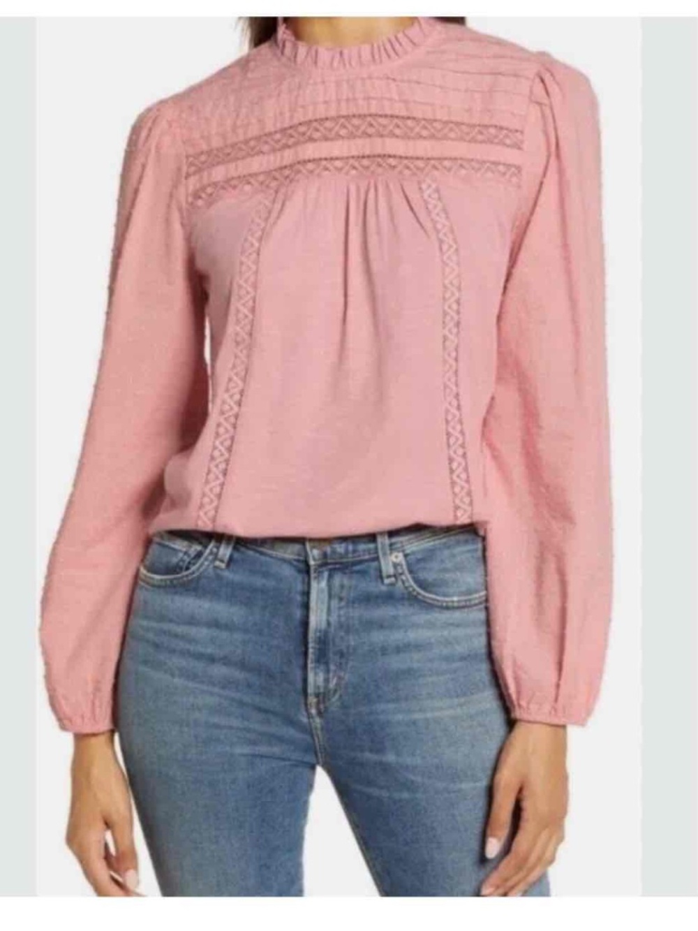 Nordstrom Caslon Ruffled Neck Swiss Dot Cotton Long Sleeve Blouse Size Small